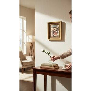 Vintage Boy Girl Umbrella Framed Print Retro Nursery Storybook Wall Art 60s 70s